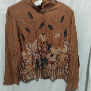 vintage stephanie thomas sport top size 12 Brown Anímal Print Long Sleeve Button